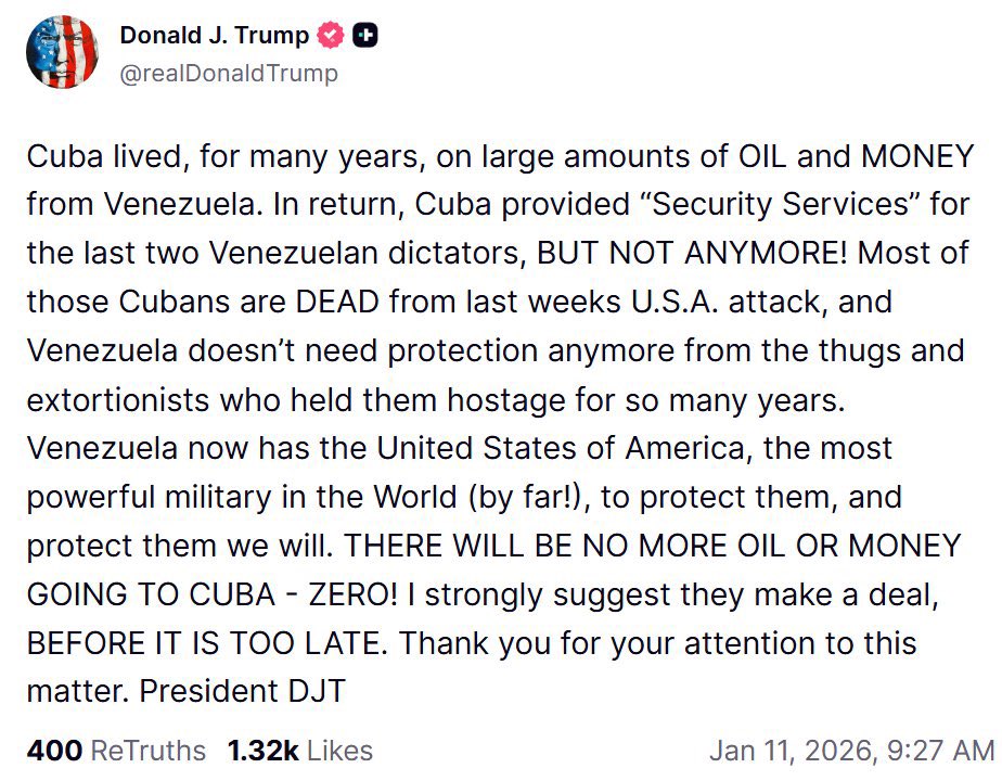 MagJorgeCastro's tweet image. ⚠️⚠️#Urgente. Trump decreta el fin del subsidio petrolero a #Cuba por parte del régimen chavista.

Comunicado.

"Cuba sobrevivió durante muchos años gracias al petróleo y el dinero de Venezuela. A cambio, Cuba proporcionó "servicios de seguridad" a los dos últimos dictadores…