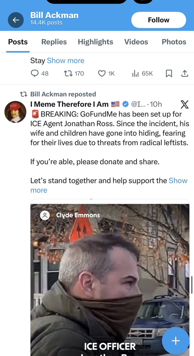 JSweetLI's tweet image. NEW: It appears billionaire Bill Ackman has donated $10k to a GoFundMe for Jonathan Ross, the ICE agent who killed Renee Good. 

Ackman has reposted the fundraiser but hasn’t posted about his own donation.