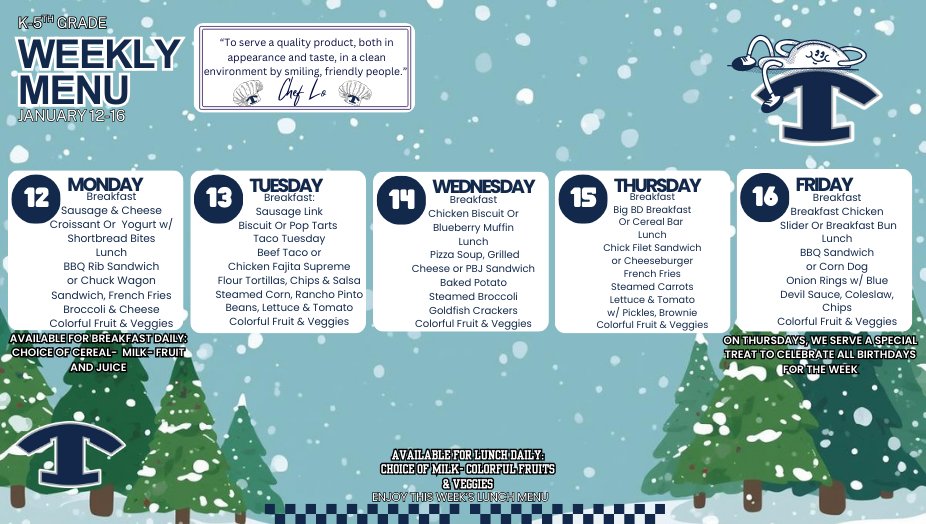 NEMiddle's tweet image. 🍎🥪 What’s on the menu?
Check out the breakfast and lunch menus for the week of January 12–16!

Fueling our students with nutritious meals to power learning every day 💙
You can always find menus anytime by visiting Explore &amp;gt; Dining on your school’s website.

#4theT