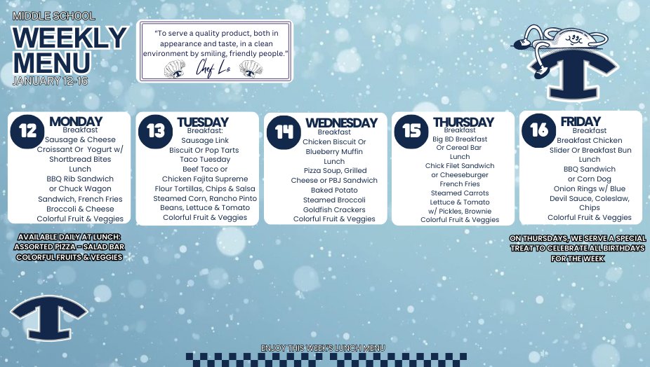 NEMiddle's tweet image. 🍎🥪 What’s on the menu?
Check out the breakfast and lunch menus for the week of January 12–16!

Fueling our students with nutritious meals to power learning every day 💙
You can always find menus anytime by visiting Explore &amp;gt; Dining on your school’s website.

#4theT