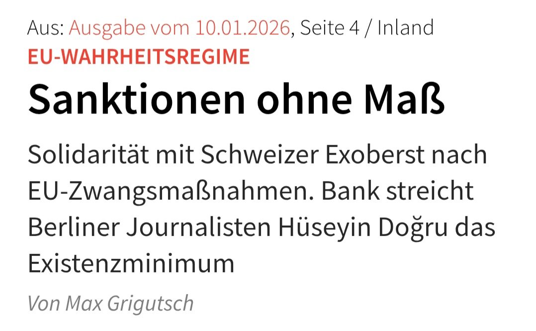 Dem mit EU-Sanktionen belegten Journalisten Hüseyin Doğru soll nun von seiner Bank sogar das Existenzminimum von 506 Euro im Monat blockiert worden sein, weshalb er seine Familie, darunter zwei Säuglinge, nicht mehr ernähren kann. Was für ein Skandal! Eine ganze Familie