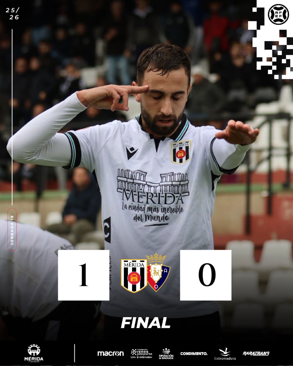 ✅ ¡Final en el Romano! ¡Primera victoria del 2026! ⚪️⚫️

<a href="/Merida_AD/">A.D. Mérida</a> 1-0 <a href="/Osasuna_Tajonar/">Tajonar</a> 

⚽️ <a href="/OCastellano10/">OscarChiqui7</a> 

#MéridaOsasunaPromesas