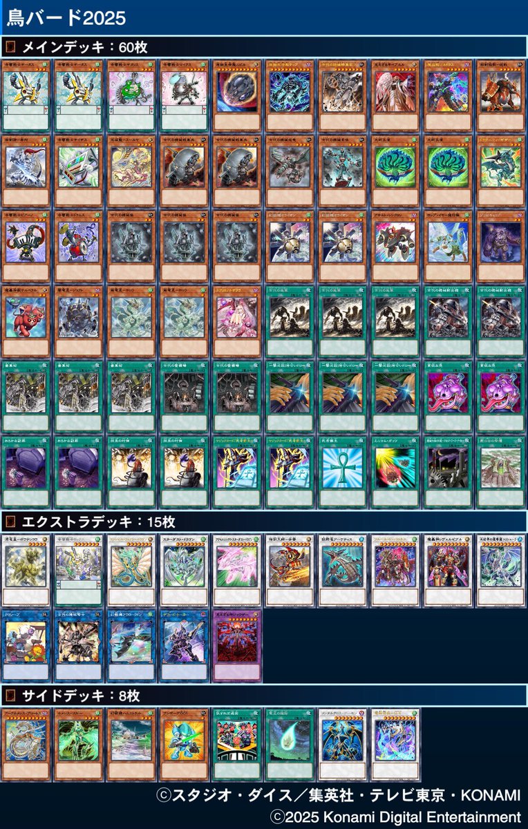 #ゲドオフ で使用した【鳥バード2025】
🦚九蛇孔雀🦚のデッキです。

霞の谷の祭壇にアクセスして、カタパルトでその効果を起動し、🦚にアクセス。
古代の進軍のリリース効果で🦚のトリガーを引きます。

色んなギミック増やしたけど空回りだったので要調整！！！！！

全敗！！！！！！！！！！