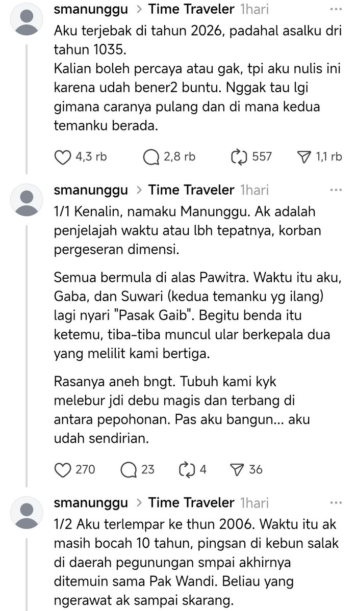 HabisNontonFilm's tweet image. Ada orang di Threads ngaku "tergeser dimensi" ke 2006 dari tahun 1035 dan "terjebak" 20 tahun di era sekarang.

Bakal rame nih. Apa akan ada yang adaptasi thread ini jadi film juga? 🤔