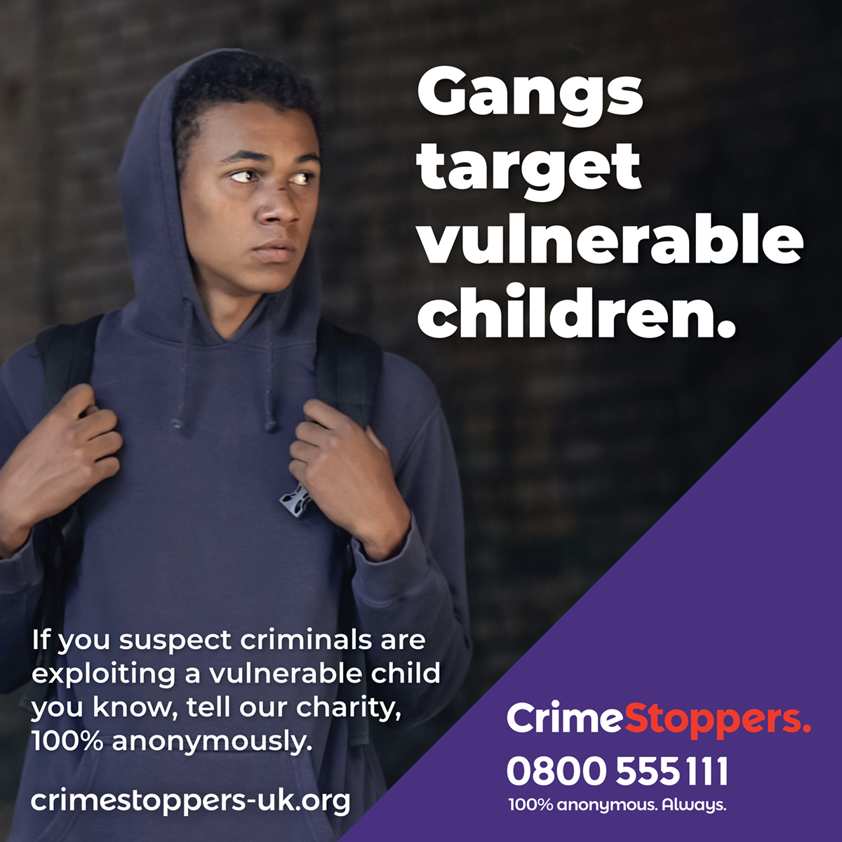 Worried about a young person being drawn into county lines or gang activity? 

Our youth service, <a href="/FearlessORG/">fearless.org</a>, gives 11–17-year-olds a safe, anonymous way to speak up about exploitation, weapons, and crime. 

Learn more: crimestoppers-uk.org/fearless