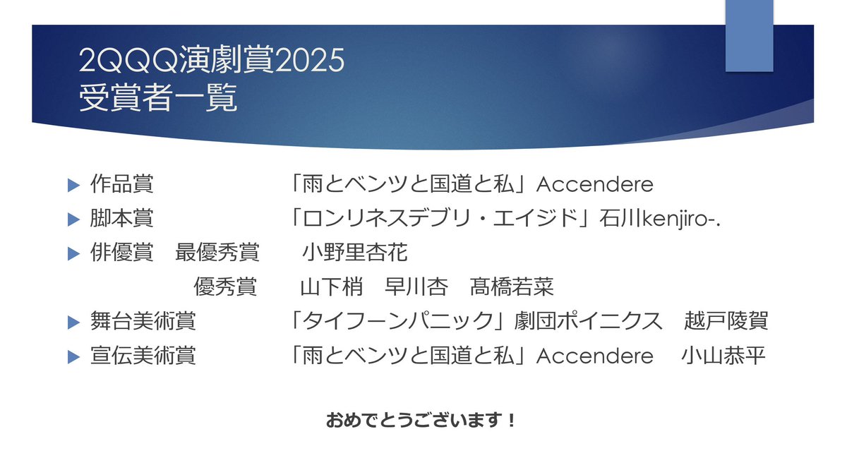【速報！】
2QQQ演劇賞2025 結果発表🏆

皆さまおめでとうございます🎊🎉
