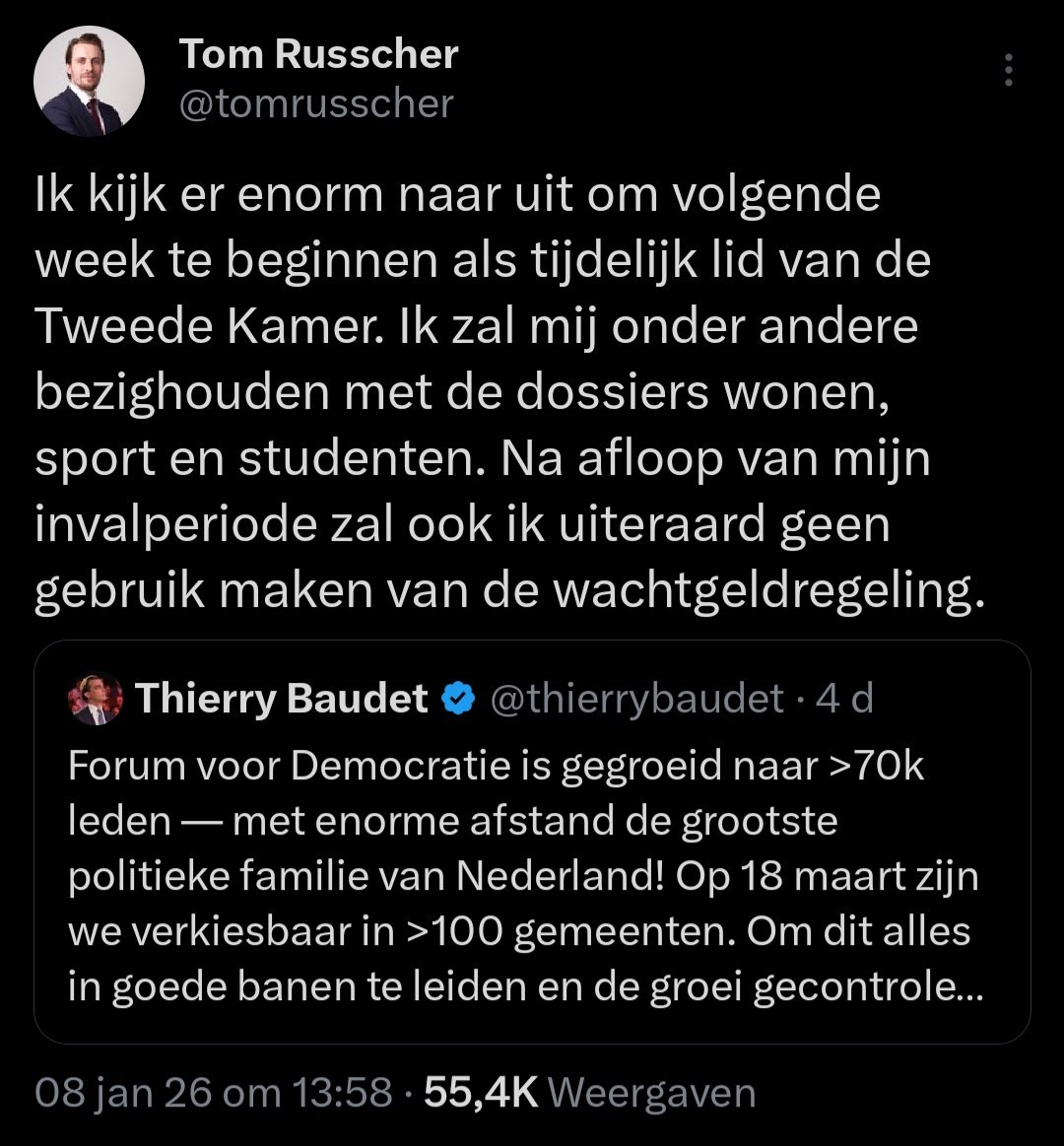 Eerste man van Forum <a href="/thierrybaudet/">Thierry Baudet</a> treedt aantal maanden terug als Kamerlid en zal die periode afzien van wachtgeld. Netjes.

Zijn tijdelijk vervanger <a href="/tomrusscher/">Tom Russcher</a> heeft na de invalbeurt recht op €211,500 wachtgeld. Totaal bezopen.

Maar heer Russcher ziet daarvan af. Keurig!