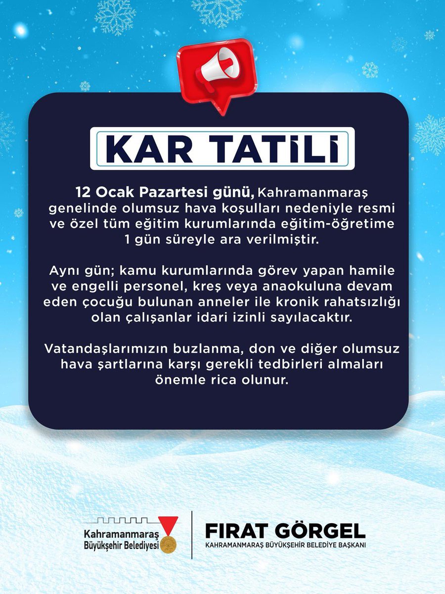 buyuksehirkm's tweet photo. Şehir genelinde beklenen olumsuz hava koşulları dolayısıyla 12 Ocak Pazartesi günü resmi ve özel tüm eğitim kurumlarında eğitim ve öğretime 1 gün süreyle ara verildi. 

Ayrıca; hamile personeller, engelli çalışanlar, çocuğu kreş veya anaokuluna devam eden anneler ile kronik rahatsızlığı bulunan kamu çalışanları 12 Ocak Pazartesi günü idari izinli sayılacak.