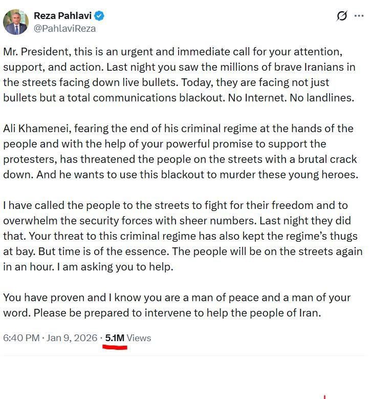 Reza Pahlavi’s post hit 5.1 million views while Iran is under a nationwide internet shutdown, with connectivity down to about 1%.
So when it supposedly “went viral,” roughly 99% of people inside Iran were offline — meaning most of those views clearly came from outside the country