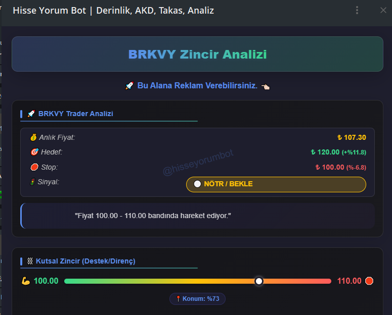 #BRKVY 
Mevcut Konum: BRKVY şu an direnç seviyesi 110.00 TL'ye yaklaşıyor. Satış baskısı olabilir.

Direnç ve Hedef: Hissenin önündeki en ciddi psikolojik ve algoritmik duvar 110.00 TL seviyesidir.