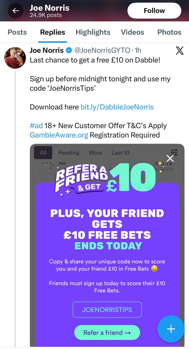 Tipsters2avoid's tweet image. DO NOT sign up through any links posted by @JoeNorrisGYTO 

He will get a % of your losses. 

He is not on your side! Works for the bookies.