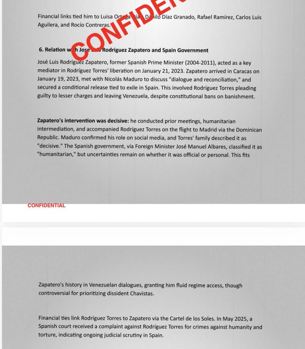 alandete's tweet image. Aquí les dejo la parte de este informe que maneja la fiscalía en la que se hace referencia a Zapatero en relación al régimen chavista. Pueden ver la conexión que se hace entre el general venezolano Rodríguez Torres y el expresidente del Gobierno español.