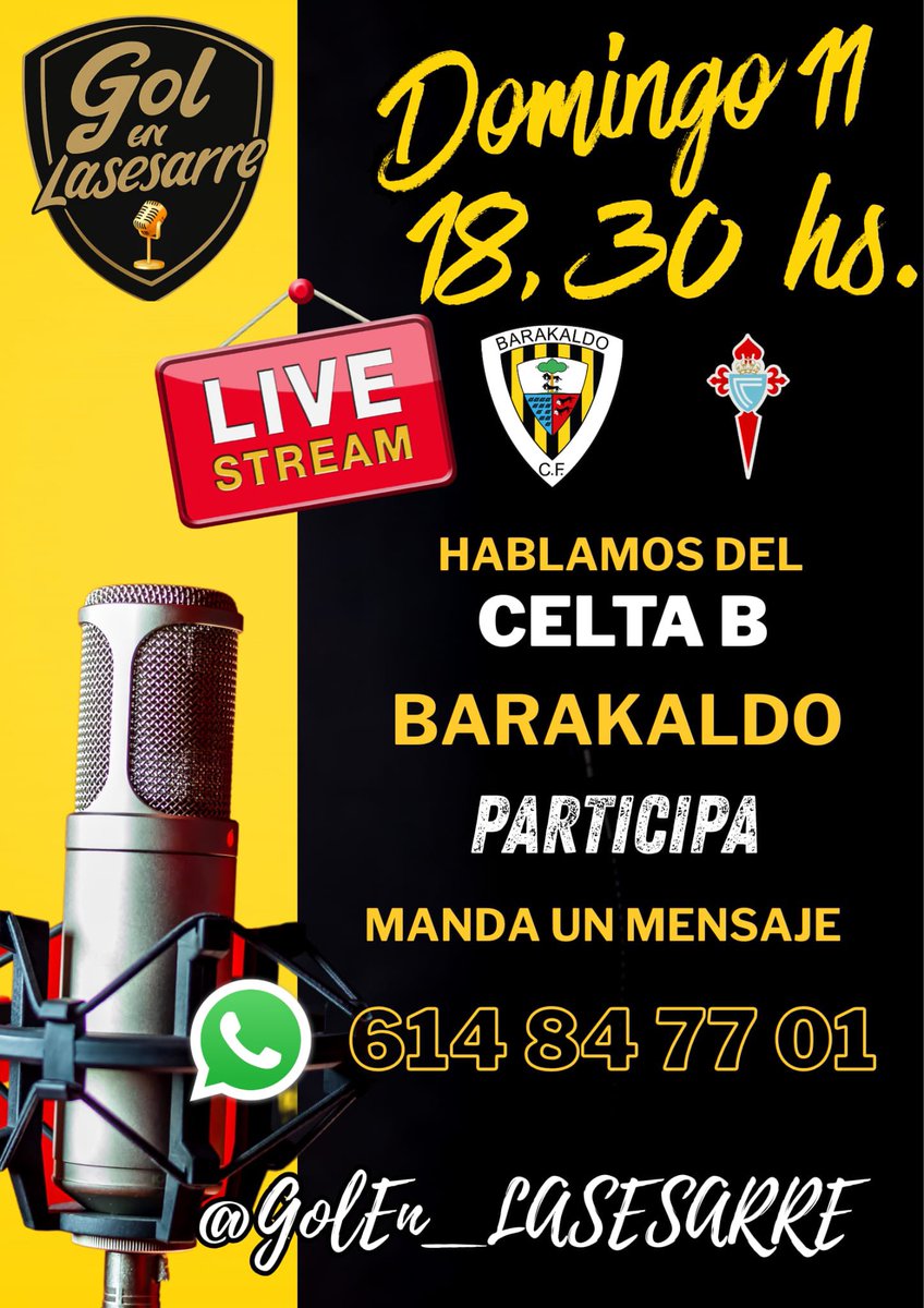 💛J-19, ¡POR FIN! ¡RIMERA VICTORIA A DOMICILIO!🖤
#CeltaBBaraka #GolEnLasesarre #RadioBaraka 

⚽️<a href="/RCCelta/">Celta</a> “B” 
                1-2
🐝<a href="/BarakaldoCF/">Barakaldo C.F.</a> 

🚨EN DIRECTO CON: Saliou Mandiang y Alberto Romero.

📆 HOY
⏰18:30
🔥T2, EPISODIO 19
<a href="/GolEn_LASESARRE/">Gol en Lasesarre</a>🔥

📍YOUTUBE y TWITTER