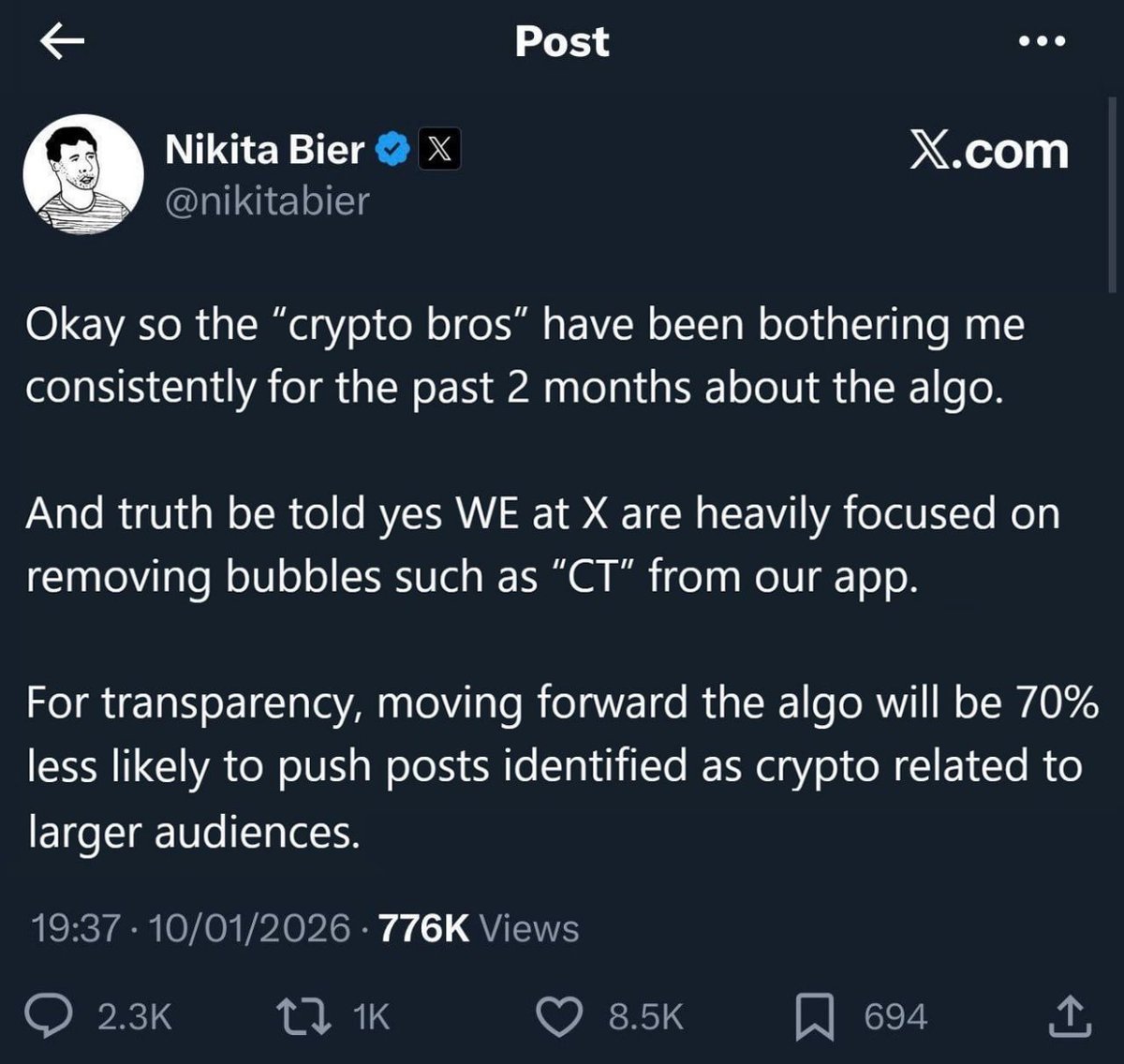 Crypto Twitter is officially DYING. Head of Product at X (Twitter) just  confirmed it. Crypto content will be deprioritized. The algorithm will be  70% less likely to push crypto posts to larger