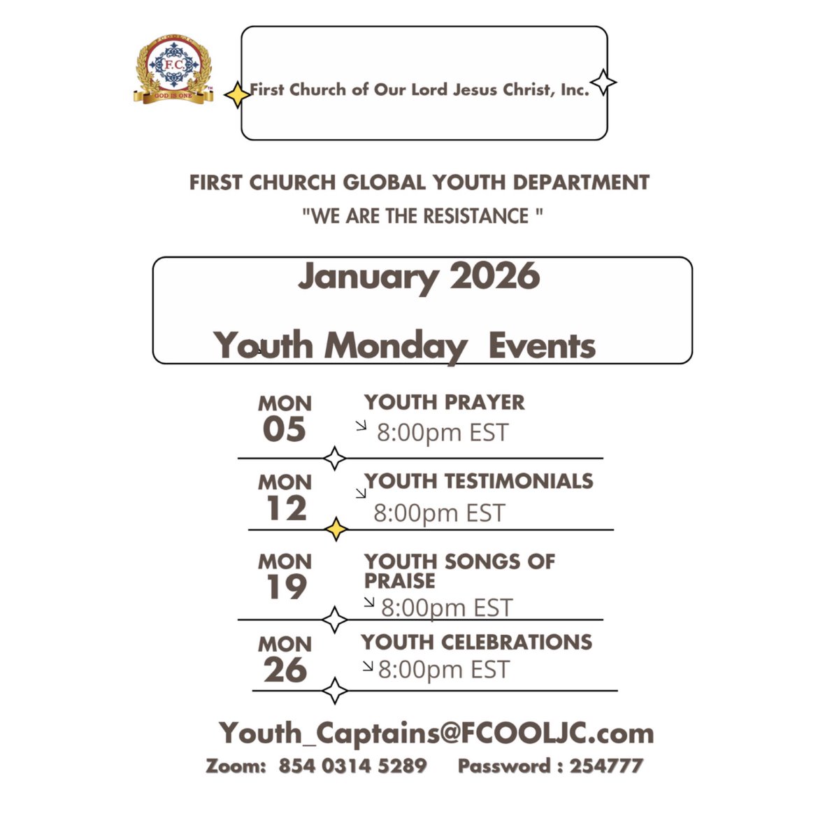 Our Global Youth Department’s Virtual Monday Series continues. Fellowship with us each Monday on Zoom. 

See flyer for details.