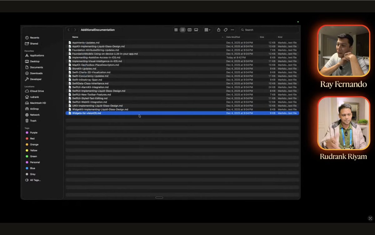 juanjovn's tweet photo. There are secret Apple's .md used by Xcode's AI assistant that you can use to feed Claude Code.

Find them 👇

/Xcode.app/Contents/PlugIns/IDEIntelligenceChat.framework/Versions/A/Resources/AdditionalDocumentation

Thanks to @rudrank and @RayFernando1337, your talk was gold 🥇