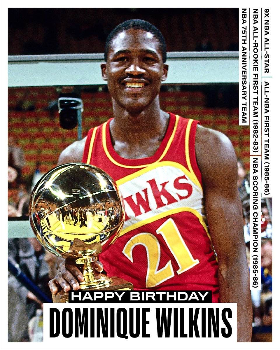 NBAHistory's tweet image. Join us in wishing a Happy 66th Birthday to 9x #NBAAllStar and 75th Anniversary Team member, Dominique Wilkins! #NBABDAY