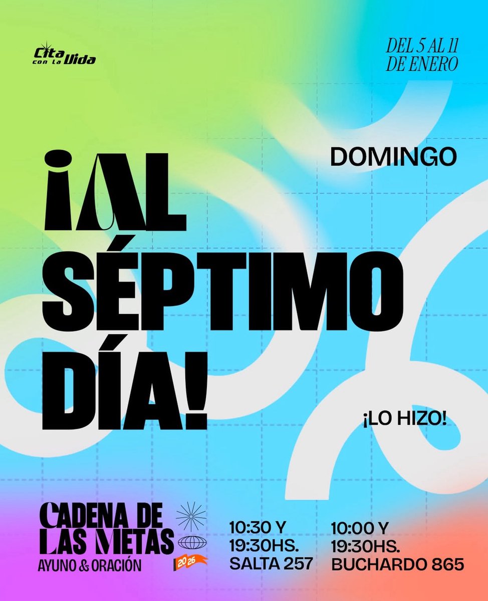 Estamos viviendo días inolvidables como Iglesia, en la cadena de ayuno y oración por la metas.🔥

Hoy celebramos el 7º día de victoria y declaramos que puertas Dios abrirá como resultado del clamor y oración de fe de su pueblo. 

Los esperamos hoy: 10:00 y 19:30 hs.
Buchardo 865.