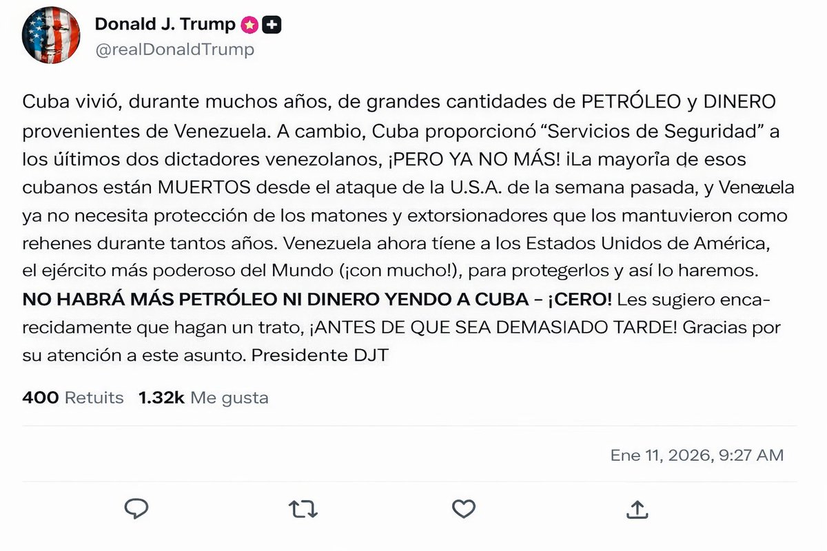 FrankElMakina's tweet image. URGENTE🔴
Trump acaba de lanzar un ultimátum  a la dictadura cubana. o hacen un trato a tiempo o se les viene la larga noche y los caminantes nocturnos. EL FIN DE LA DICTADURA CUBANA ESTÁ MÁS CERCA QUE NUNCA.
