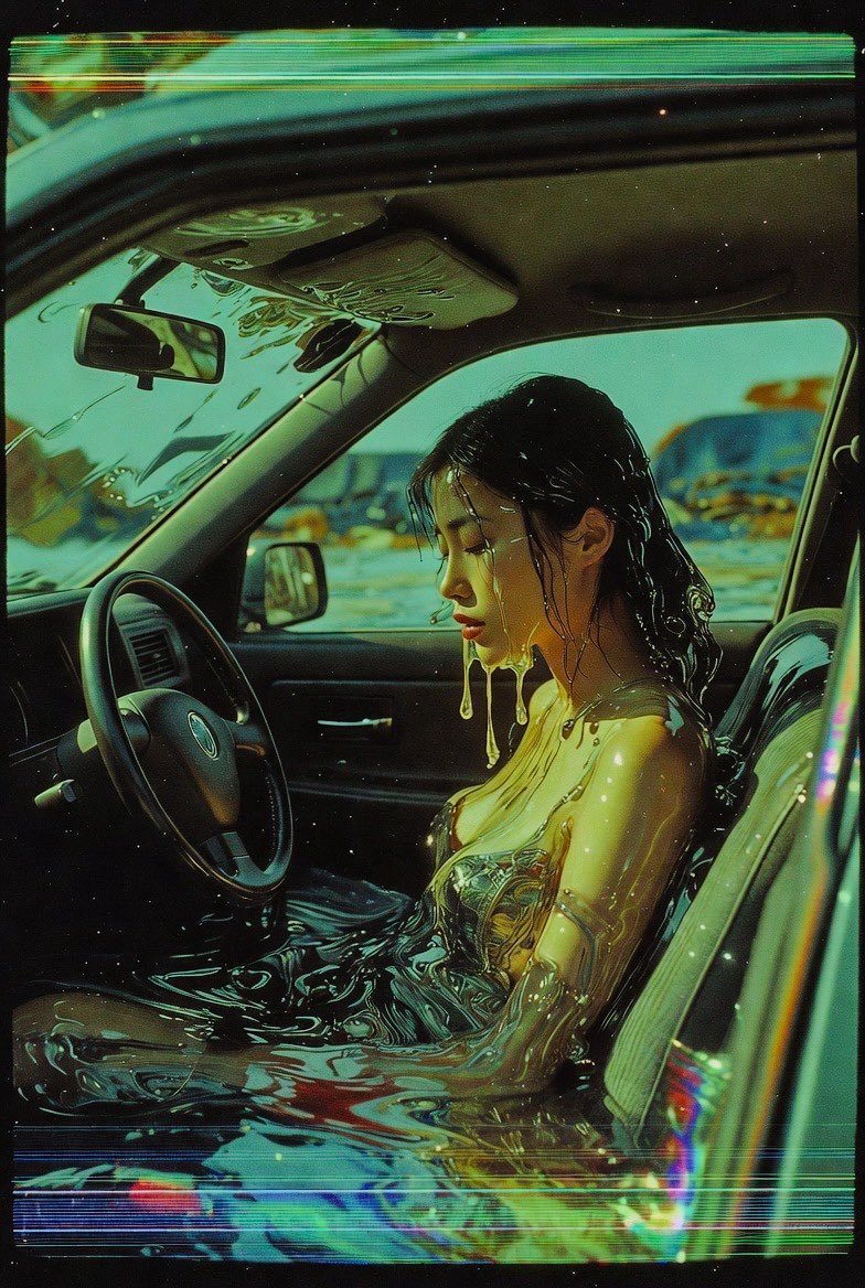 A beautiful Asian woman sits relaxed in the driver’s seat, eyes gently closed as thick streams of warm golden liquid spill from her softly parted lips, cascading down her chin and soaking her sheer outfit. Her wet hair clings to her face, glistening in the sunlight streaming.