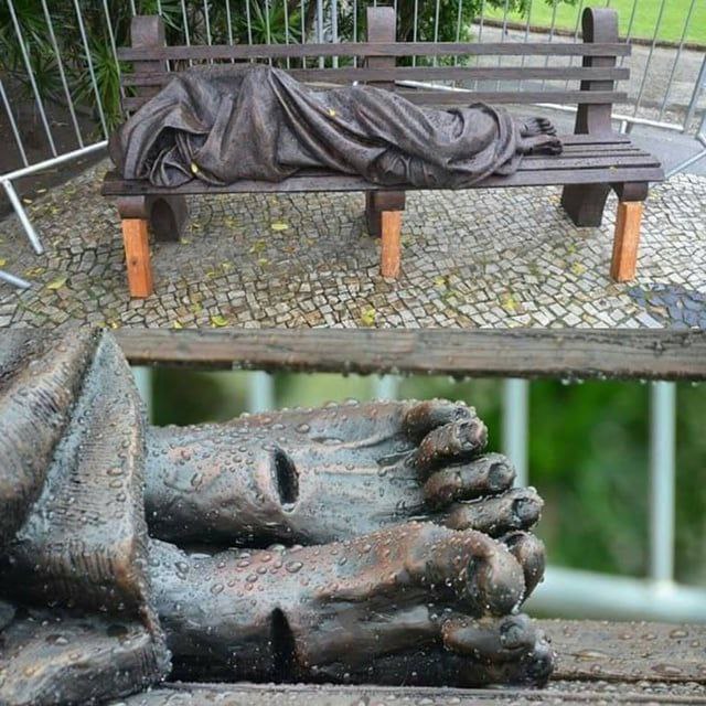 A beautiful and significant piece of art, titled Homeless Jesus by Canadian artist Timothy Schmalz.