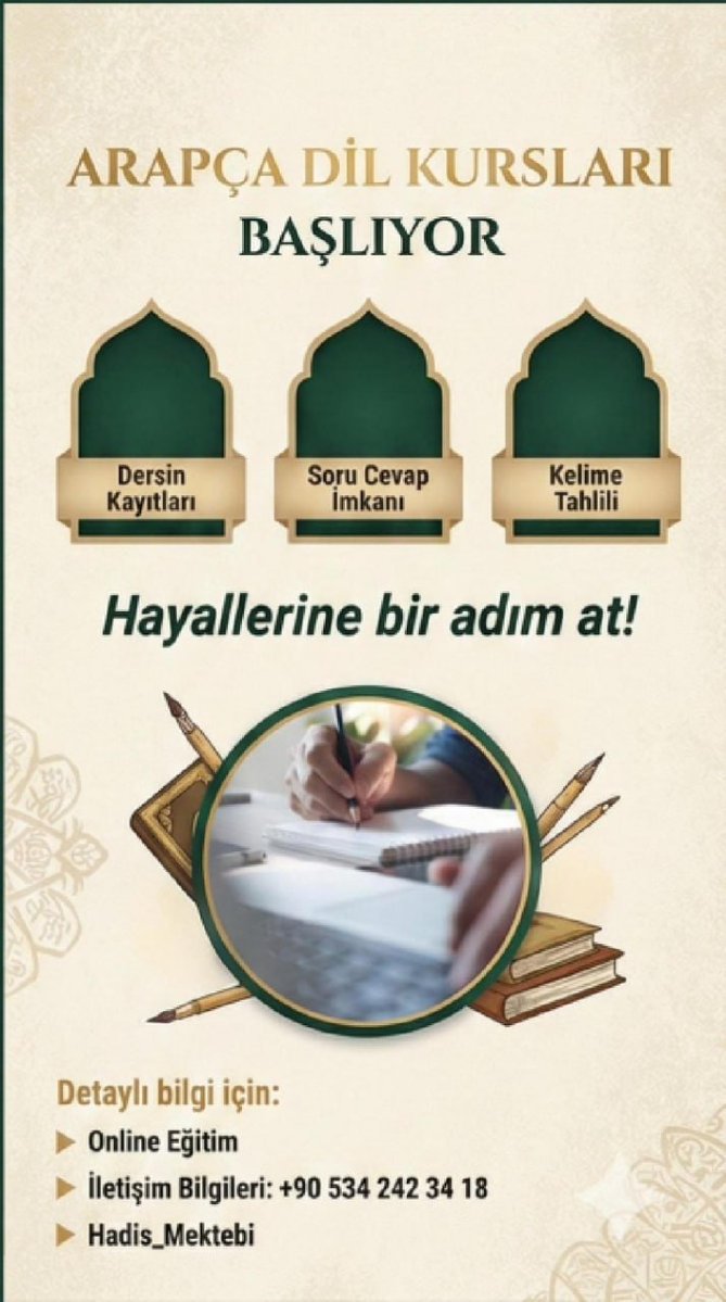 hadis_mektebi's tweet image. 📺11 AYDA (Sanalda)  MEDRESE USULÜ İLE ARAPÇA EĞİTİM:

• Emsile, Bina, İzzi, Tuhfetu's Seniyye, Avamil, Zuruf ve slayt ile temel eğitim gürsel dersimiz olacak. 

• Muhadese dersi olacak.

• Arapça video analizleri olacak.

• Klasik Metinlerin analizi olacak.

• Tahlil-irab…