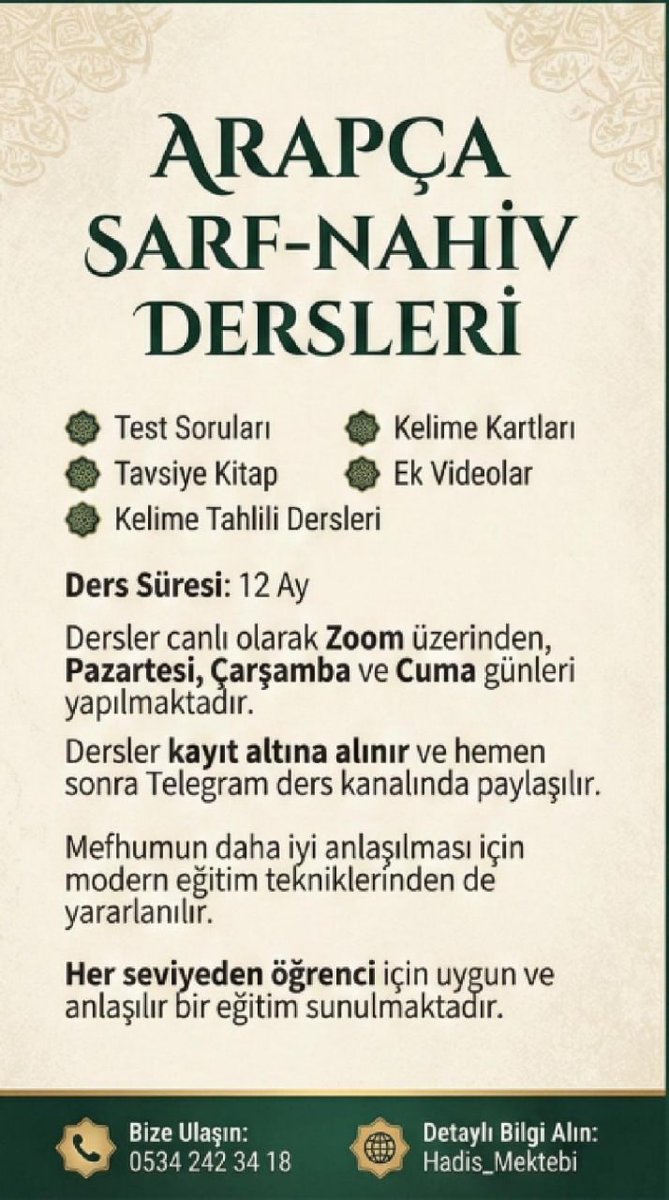 hadis_mektebi's tweet image. 📺11 AYDA (Sanalda)  MEDRESE USULÜ İLE ARAPÇA EĞİTİM:

• Emsile, Bina, İzzi, Tuhfetu's Seniyye, Avamil, Zuruf ve slayt ile temel eğitim gürsel dersimiz olacak. 

• Muhadese dersi olacak.

• Arapça video analizleri olacak.

• Klasik Metinlerin analizi olacak.

• Tahlil-irab…