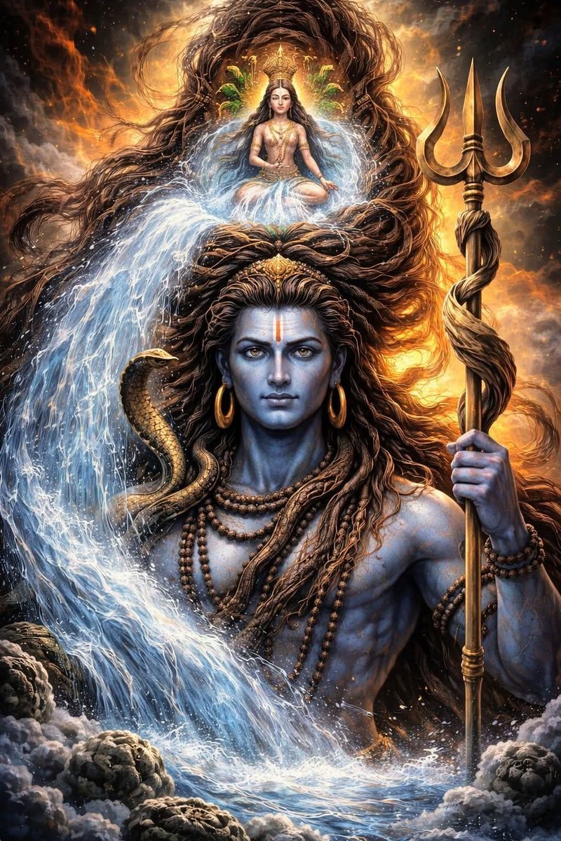 Maa Ganga Flowing from the Jata (matted locks) of Lord Shiva Symbolizes the descent of divine grace into the earthly realm through controlled consciousness.

When the immense force of the celestial Ganga threatened to shatter creation, Shiva absorbed her power within his jata,
