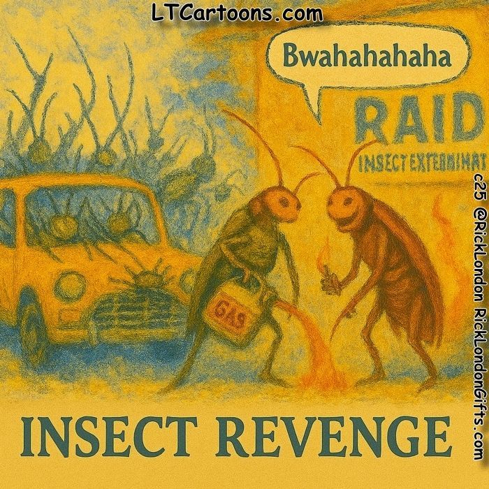 ricklondon's tweet image. 🎉😄 Today’s cartoon drop is officially OUT! Dive into the fun at RickLondonGifts.com  and treat yourself to a laugh or three 💫🛒 "Insect Revenge" #roaches #insects #insecticide #ltcartoons