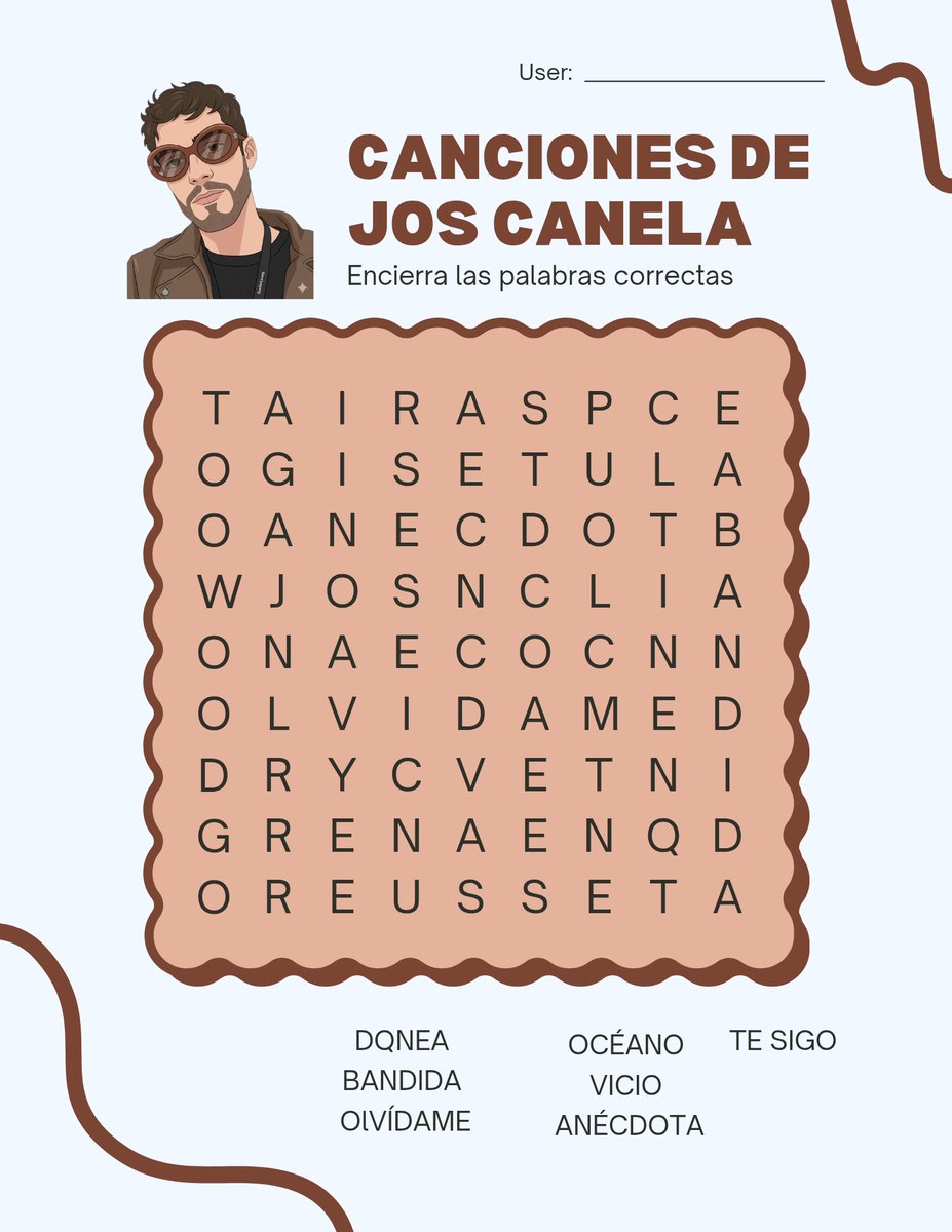 Jos_StanGdl's tweet photo. ❤️ DINÁMICA ❤️

Hola, hice una pequeña sopa de letras por si gustan participar y solo pasar el rato ♡

Es con algunas canciones de @JosDice 
Comenten o citen su resultado ♡ https://t.co/xD4aoElaFZ