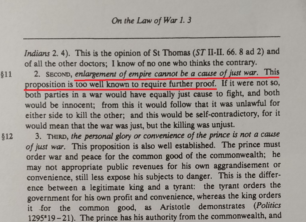 FeserEdward's tweet photo. Reminder for Catholics who falsely claim that the Church and Catholic theology traditionally regarded seizure of another country’s territory as a just cause for war. From the eminent Scholastic theologian Francisco de Vitoria, On the Law of War (1539):