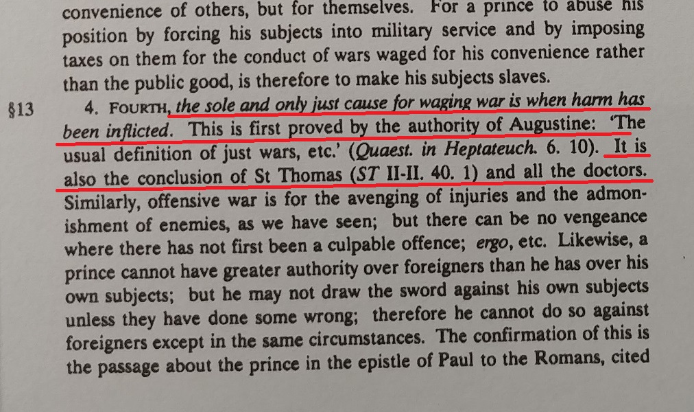 FeserEdward's tweet photo. Reminder for Catholics who falsely claim that the Church and Catholic theology traditionally regarded seizure of another country’s territory as a just cause for war. From the eminent Scholastic theologian Francisco de Vitoria, On the Law of War (1539):