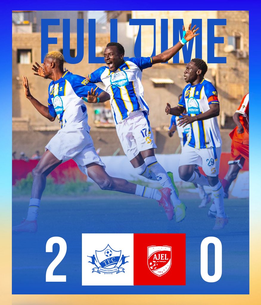 🕦Full Time |  Le Teungueth Fc remporte le Derby de Rufisque ✅

Ajel 0-2 Teungueth Fc 

Grâce à des réalisations de Mouhamed Ben Diouf et Kabirou Joof, le Teungueth Fc remporte trois précieux points du Derby Rufisquois.

#Allezrio