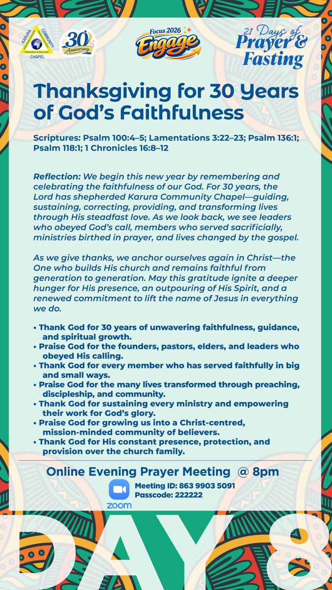 KaruraCC's tweet photo. Good evening, 

Please find the Day 8 guide for our 21 Days of Prayer and Fasting.*l

We will meet at 8pm for our Online corporate Prayers using this zoom link : https://t.co/Wj5xp2nLkZ

Meeting ID: 863 9903 5091
Passcode: 222222 https://t.co/r6vhxRIeVm