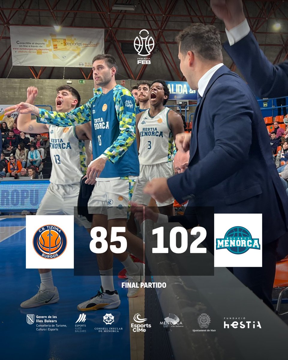 📢 FINAAAAAL!
Seguimos creciendo y sin perder la ambición. ¡Enorme trabajo de los chicos! 😍

🟠 Grupo Ureta <a href="/cb_tizona/">Grupo Ureta Tizona Burgos</a> 85
⚪️ Hestia Menorca 102

📊 bit.ly/StatsJ16Tizona…
📸 Jairo Manzano | CB Tizona

𝐎𝐫𝐠𝐮𝐥𝐥 𝐝𝐞 𝐏𝐫𝐢𝐦𝐞𝐫𝐚!
#TizonaMenorca #UnaillaUnequip #EsportsCIMe