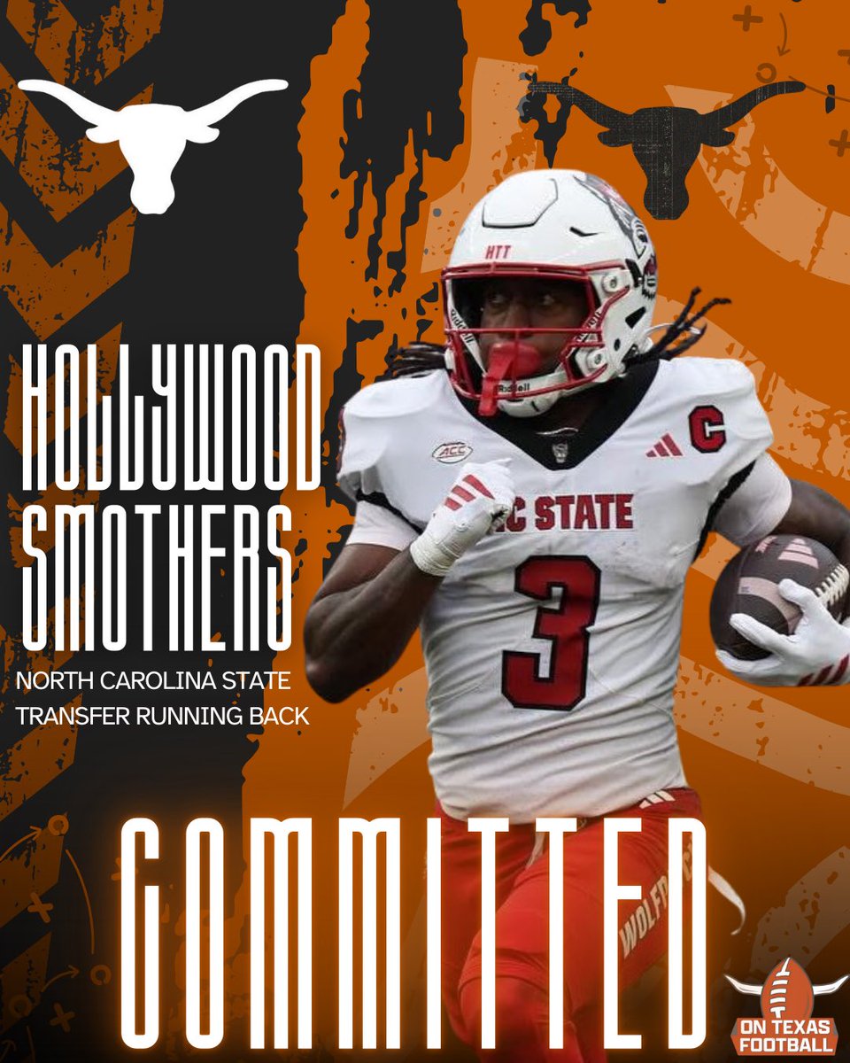 BOOM X2!!! 💥💥🤘🤘

Running back Hollywood Smothers (North Carolina State) has committed to the #Longhorns.