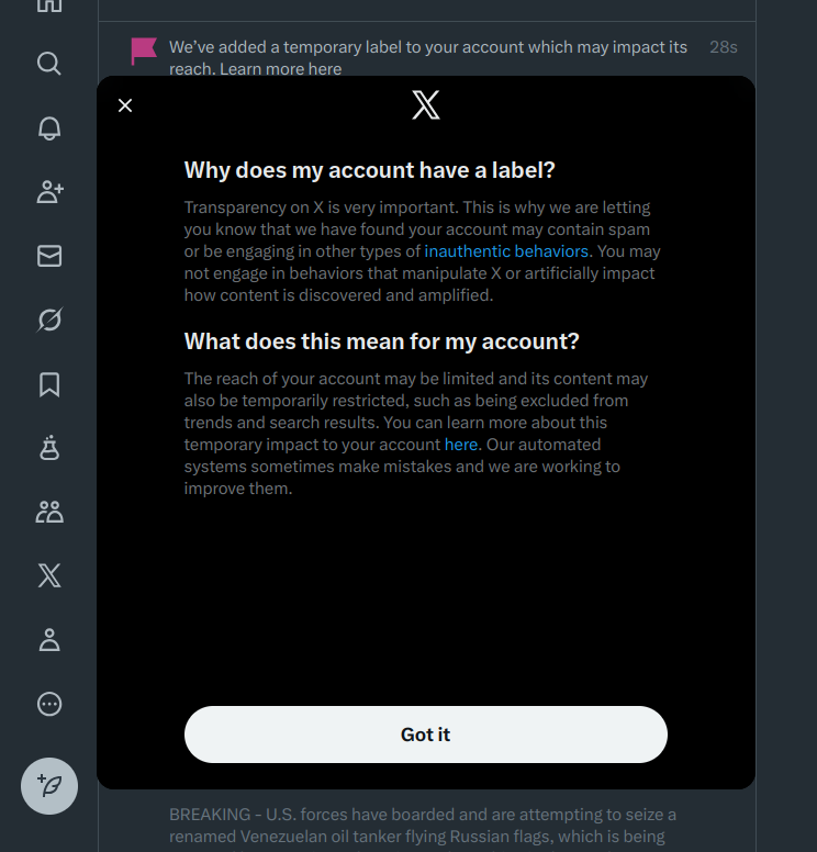 _Mist_'s tweet image. I haven't made a post or relied to any other post in weeks, just lurked reading other's posts to catch up on current events. I make 1 reply today and I get this notification, WTF @X, why?
Solely bc I won't get verified? If so, that's bs. I've done nothing wrong, no ToS violations