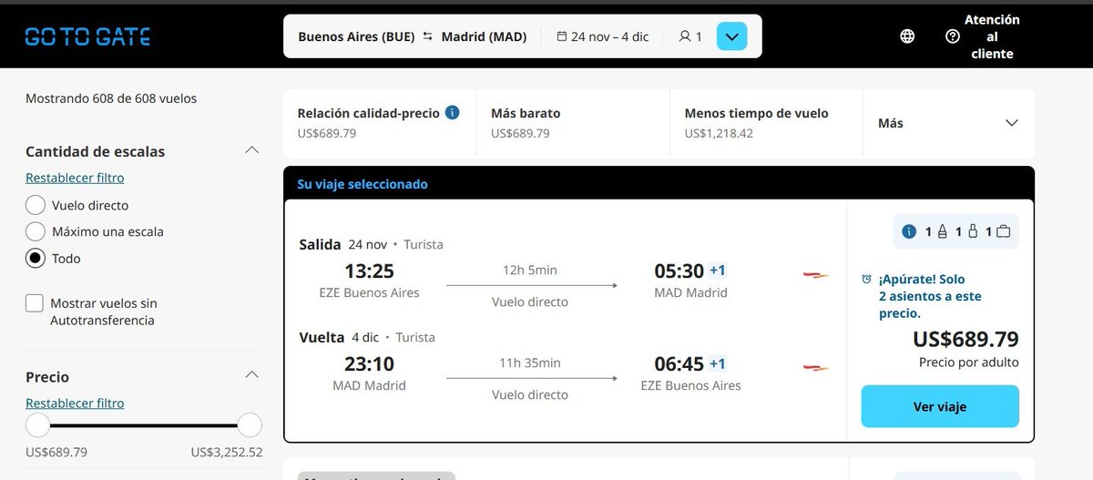 InfoViajera's tweet image. Hay vuelos a Madrid (España) saliendo de Buenos Aires desde USD 690 🇪🇸✈️🔥

✅ Fechas variadas de octubre / noviembre 2026
✅ Incluye equipaje de mano y despachado
✅ Son vuelos DIRECTOS con Plus Ultra

--&amp;gt; turismocity.com.ar/vuelos-baratos…

¡Qué baratos!
