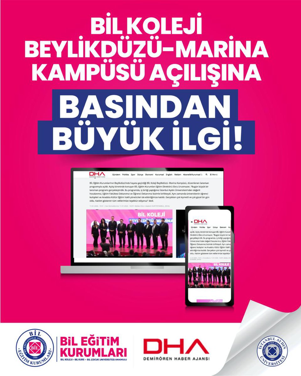 BİL KOLEJİ BEYLİKDÜZÜ - MARİNA KAMPÜSÜ AÇILIŞINA BASINDAN BÜYÜK İLGİ! 
 
Okumak için👇🏻
dha.com.tr/egitim/bil-kol…

<a href="/umitkalko/">Ümit Kalko</a> <a href="/dhainternet/">Demirören Haber Ajansı</a> 
<a href="/IAUKampus/">İstanbul Aydın Üniversitesi</a> <a href="/iautanitim/">İAÜ Halkla İlişkiler ve Tanıtım</a>