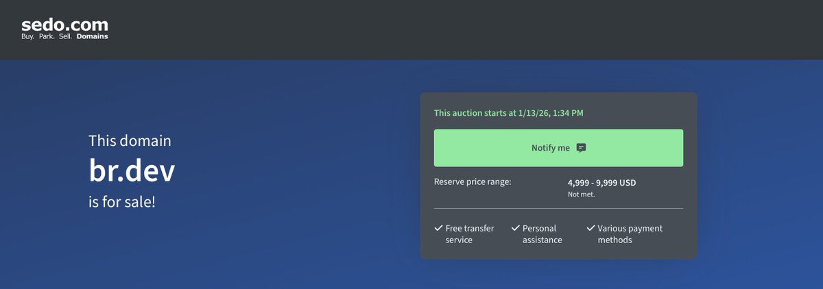 Você trabalha em uma média ou grande empresa de tecnologia no Brasil, ou conhece alguém que trabalhe?
Estou vendendo um domínio que dificilmente aparece disponível: br.dev.
Curto, forte e perfeito para empresas tech que pensam grande e constroem produtos para