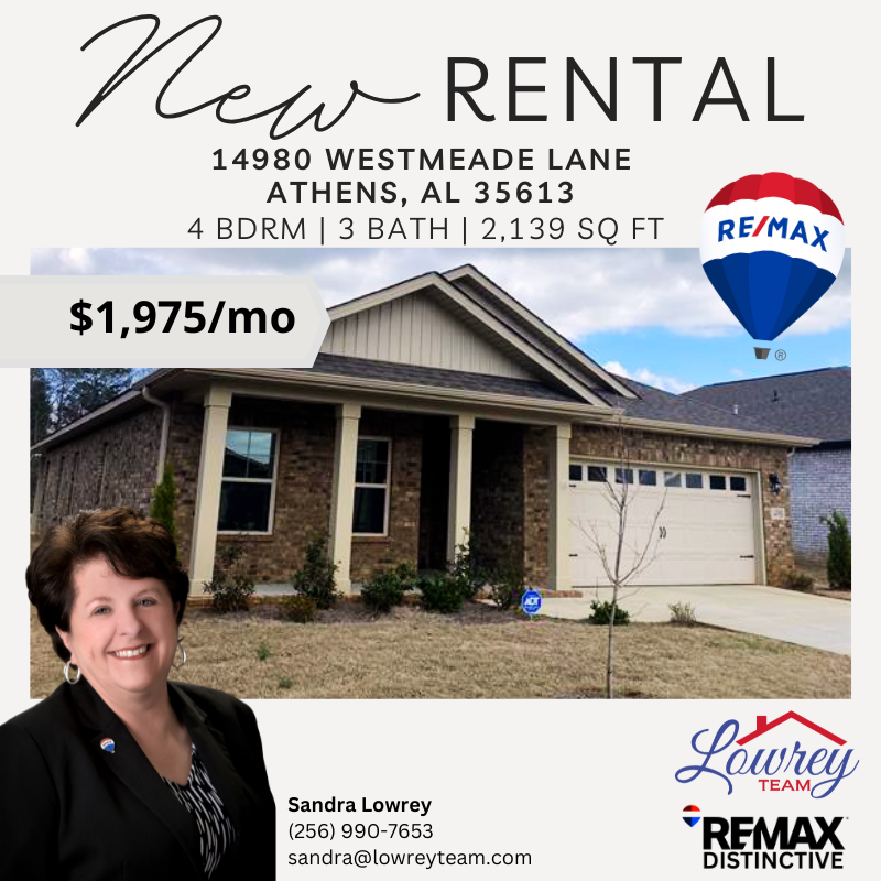 DistinctiveHSV's tweet image. Discover comfort and convenience in this spacious 4BD/3BA rental in Athens! With 2,139 sq. ft. of living space and a beautiful modern design, this home is ready for you. Available now for $1,975/mo—don’t miss it! #RemaxDistinctive #LowreyTeam #abovethecrowd