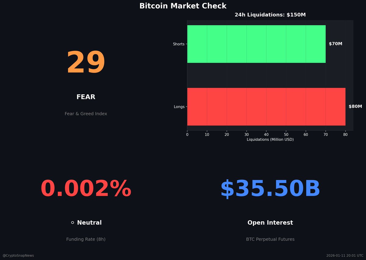 📊 $BTC Market Check Fear & Greed: 29 (FEAR) Funding: 0.002% | OI: $35.5B  Assessment: NEUTRAL 💭 Fear creates opportunities. Not the screaming buy  yet, but watching closely.