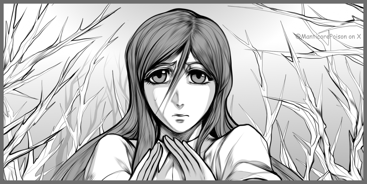 I've decided to lift the veil of secrecy a little by sharing fragments of a doujinshi my friend and I are working on together. I didn't manage to finish it by the New Year, but I'm continuing as best I can.
#Ulquiorra #Orihime #Ulquihime #ウル織