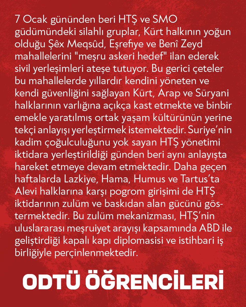 odtuhdk's tweet photo. Şêx Meqsûd'daki işgal saldırılarına karşı Kürt halkının yanındayız.

ODTÜ Öğrencileri olarak açıklamamızdır. (1/2)
#DefendRojava https://t.co/VSKikyBWg0