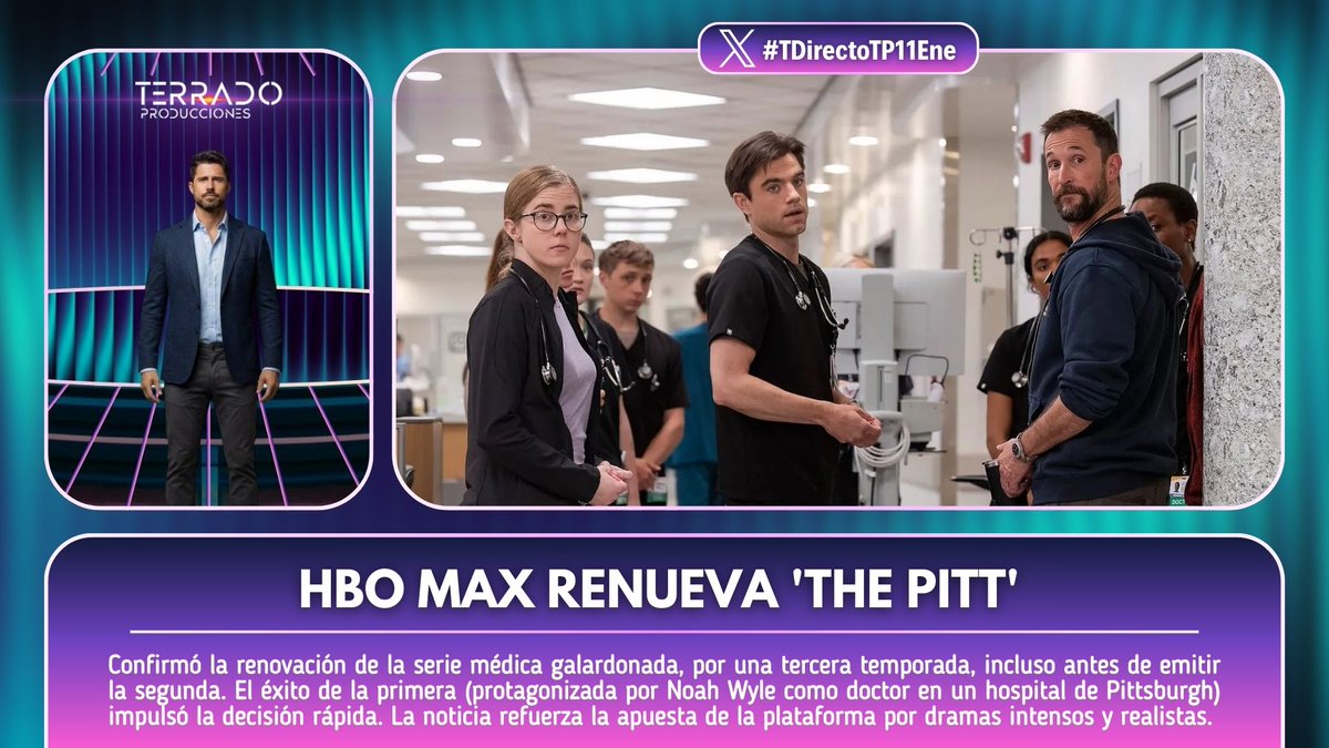 📺 HBO Max confirma la renovación por una tercera temporada.

🏥 El éxito de la primera, protagonizada por Noah Wyle como doctor en Pittsburgh, impulsó la decisión.

💡 Refuerza la apuesta de la plataforma por dramas intensos y realistas.

📡 #TDirectoTP11Ene