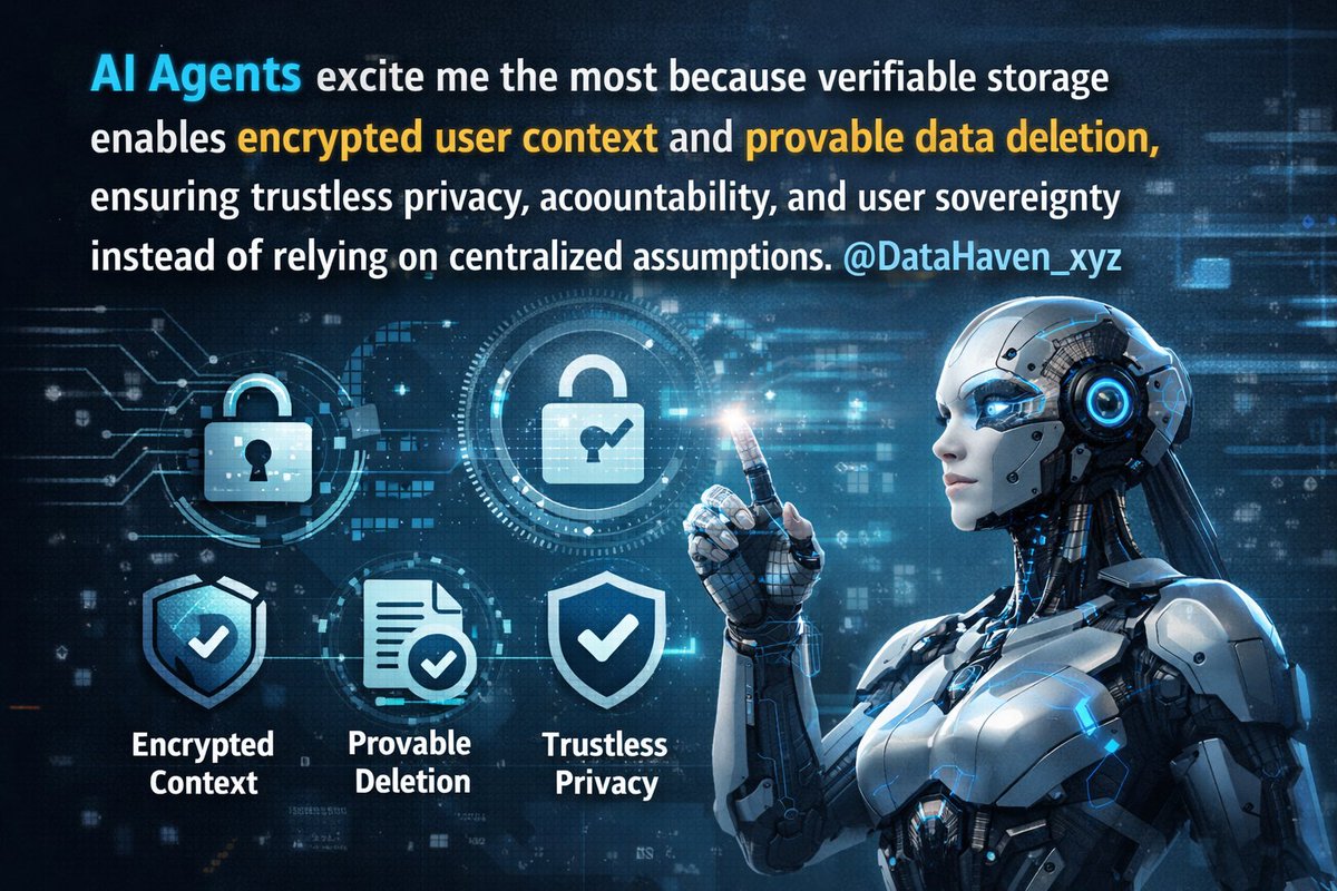 AI Agents excite me the most because verifiable storage enables encrypted user context and provable data deletion, ensuring trustless privacy, accountability, and user sovereignty instead of relying on centralized assumptions.

<a href="/DataHaven_xyz/">DataHaven 🫎</a>