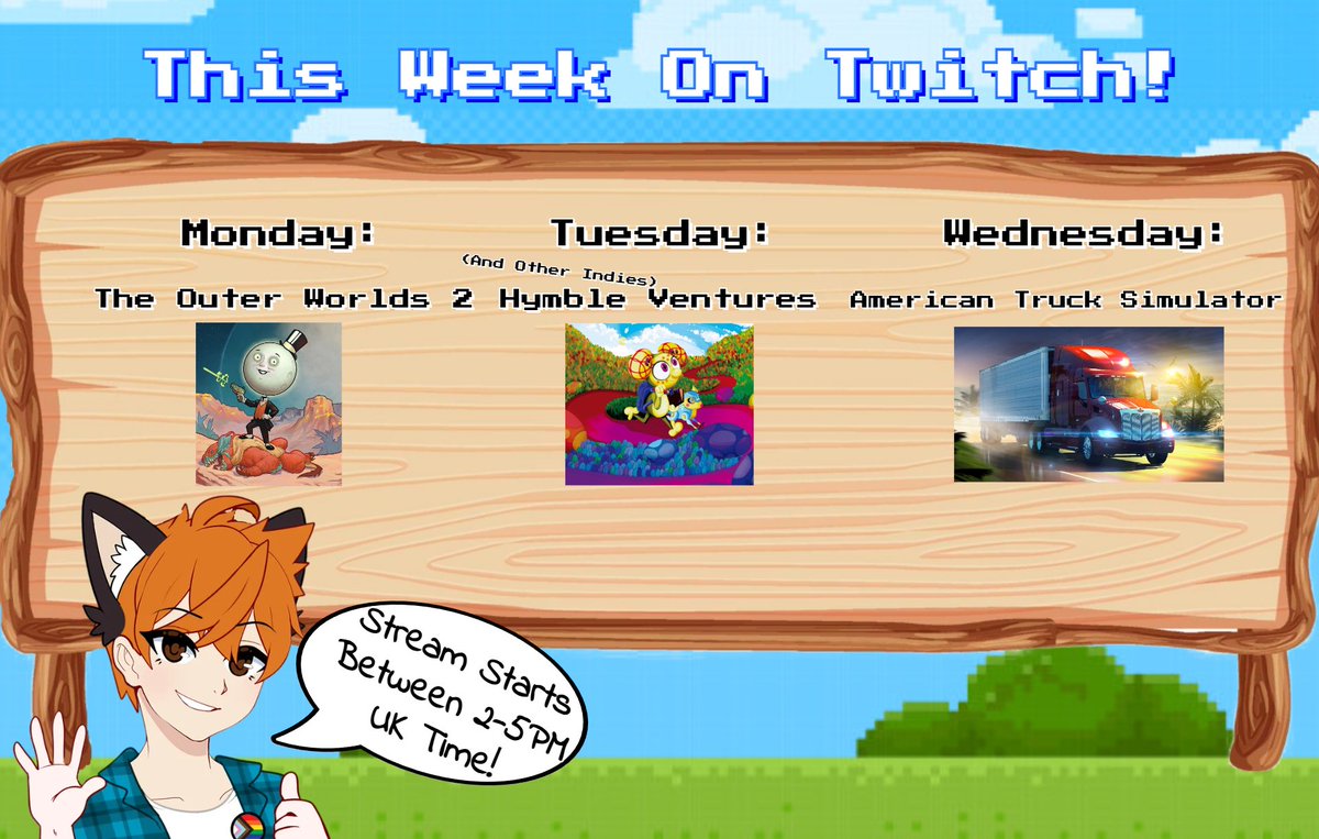 Hey Canines! Sorry for the late schedule post! Busier week than expected! Here's this week's schedule! Streams begin anytime from 2-5PM UK time! 😍😍🤩💖 #twitch #fun

Monday: The Outer Worlds 2 

Tuesday: Humble Ventures (&amp; Other Indie Demos)

Wednesday: American Truck Simulator
