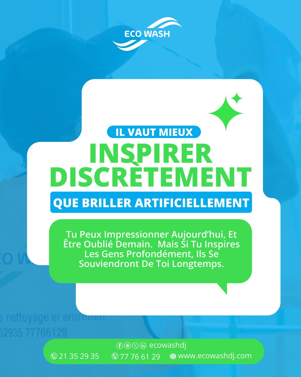 Abdoulrazakomar's tweet photo. Il vaut mieux inspirer discrètement que briller artificiellement.

C’est facile d’impressionner aujourd’hui. Un beau visuel. Une phrase bien tournée. Un moment mis en valeur. Mais l’impact de surface ne dure pas.

Tu peux captiver l’attention quelques secondes… Mais si tu veux vraiment marquer, inspire profondément. Par ton exemple. Ton calme. Ton sérieux. Ton intégrité.

Parce que ce ne sont pas ceux qui brillent le plus fort qu’on retient le plus longtemps. C’est ceux qui laissent une trace dans l’esprit et dans le respect.

Sois de ceux-là. Inspire sans crier. Agis sans te justifier. Et laisse ton travail parler pour toi.

#ImpactDurable #LeadershipAuthentique #MarquerSansFaireDeBruit #ecowashdj #ecoparcdj