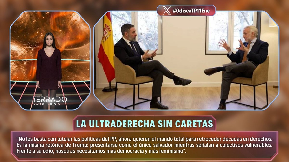 🗣️ "No les basta con tutelar al PP, quieren el mando para retroceder en derechos." <a href="/LaSofiRamos_/">Sofía Ramos</a> 

⚠️ "Es la retórica de venderse como salvador atacando a colectivos vulnerables."

✊ "Frente al odio, nuestra respuesta debe ser más democracia y más feminismo."

🪐 #OdiseaTP11Ene