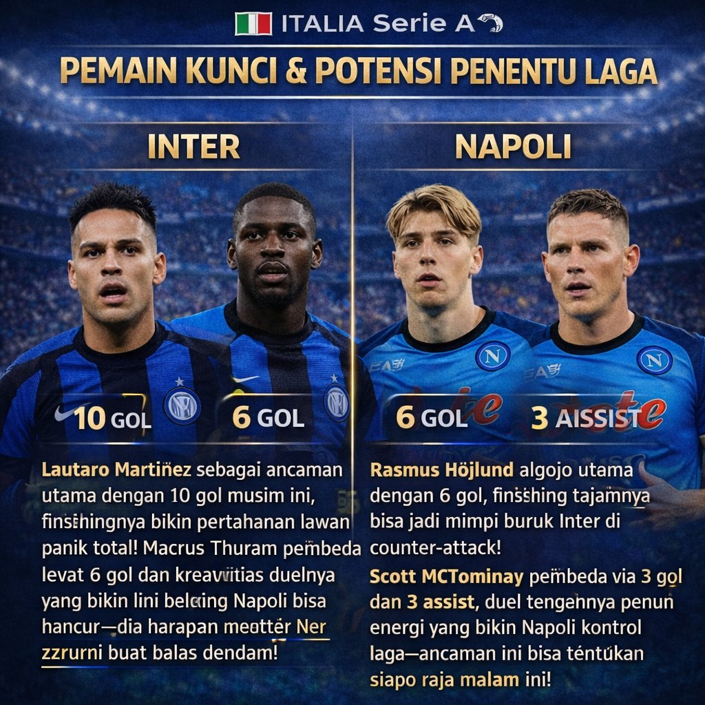 HotLigaOfficial's tweet photo. Kubu Inter punya Lautaro Martinez (10 Gol) yang finishing-nya lagi wangi banget. Kubu Napoli ngandelin Rasmus Hojlund (6 Gol) dan motor lini tengah McTominay (3 Gol, 3 Assist).

#LautaroMartinez #Hojlund #McTominay #Fantacalcio #PlayerToWatch #HOTLIGA https://t.co/Ka7N0Z6UPT